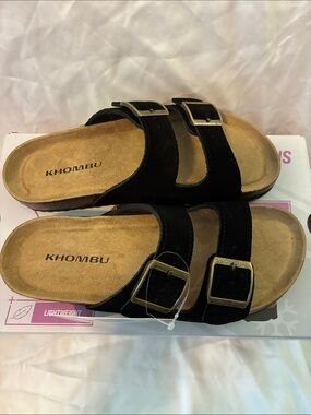 Khombu Black Double Buckle Slide Sandals